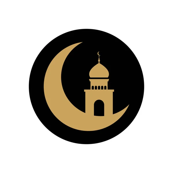 Concepto eid mubarak, luna creciente y el icono de la mezquita islámica, estilo bloque — Vector de stock