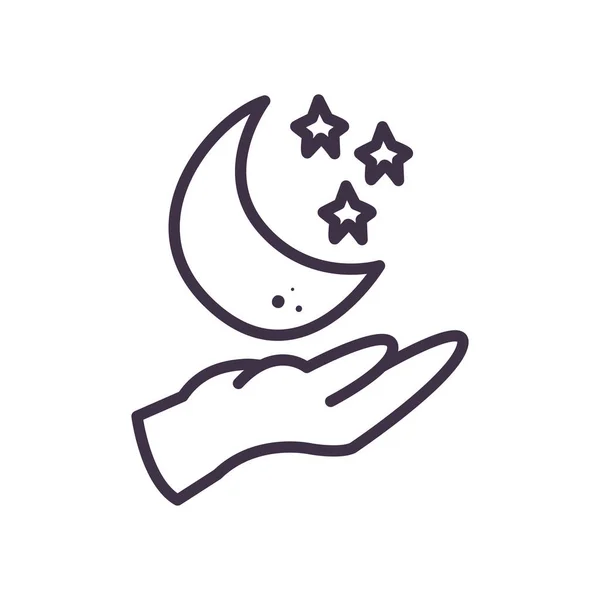 Mano aislada con diseño de vectores de iconos de estilo de línea de luna y estrellas — Archivo Imágenes Vectoriales