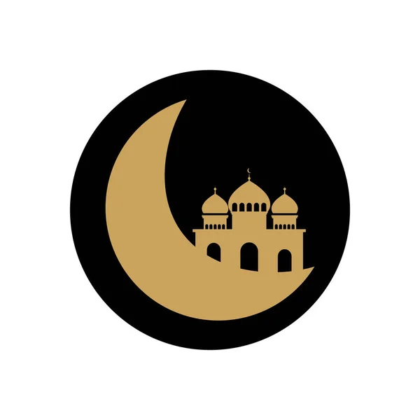 Concepto eid mubarak, mezquita islámica en el icono de la luna creciente, estilo bloque — Vector de stock
