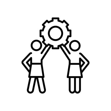 Pictogram kadınları bir dişli simgesi tutuyor, çizgi tarzı.