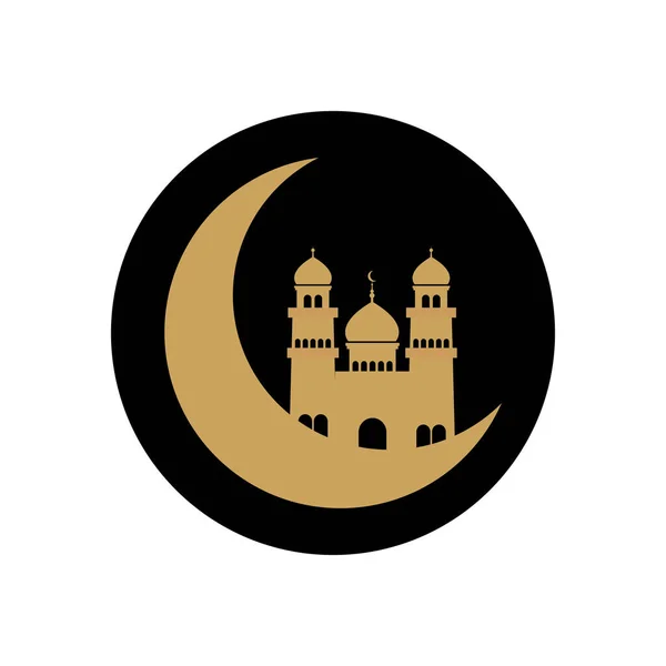 Concepto de ramadán, luna creciente y el icono de la mezquita islámica, estilo de línea de bloque — Vector de stock