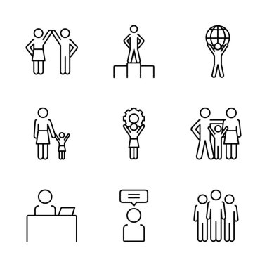 küresel küre ve pictogram insanlar simge seti, satır biçimi