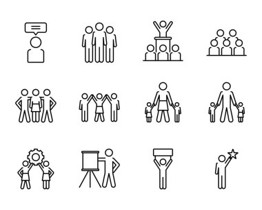 Sunum panolarının simge seti ve pictogram insanları, satır biçimi