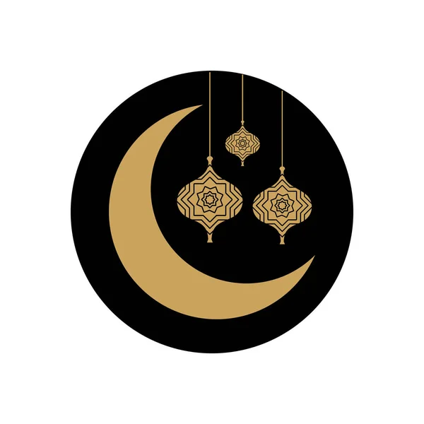 Concepto eid mubarak, luna creciente y linternas islámicas colgando, estilo bloque — Vector de stock