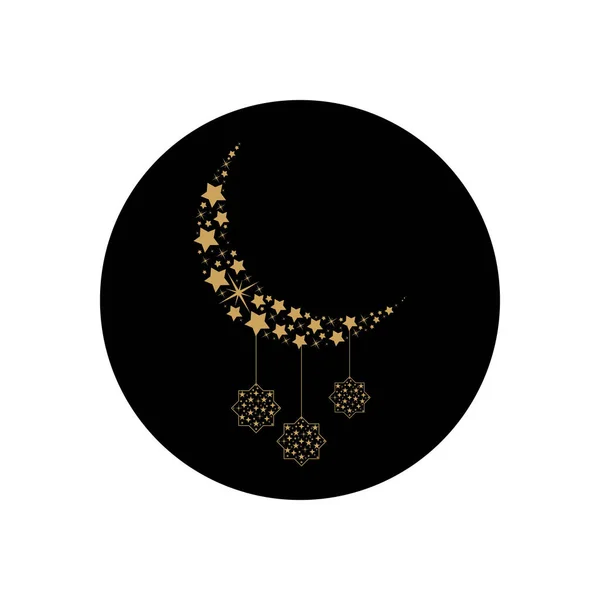 Concepto eid mubarak, luna creciente con estrellas islámicas decorativas colgando, estilo bloque — Vector de stock
