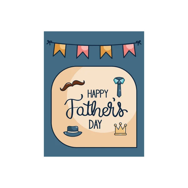 Glückliche Vatertagskarte mit Schnurrbart und verwandten Symbolen und dekorativen Wimpeln — Stockvektor