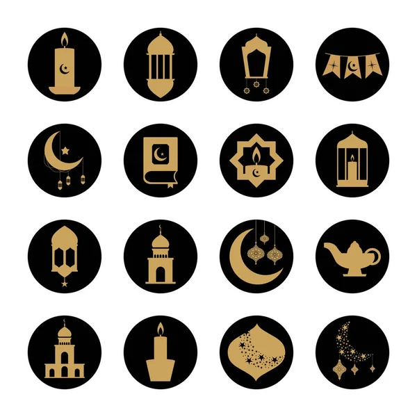 Mezquita islámica y conjunto de iconos de eid mubarak, estilo bloque — Archivo Imágenes Vectoriales