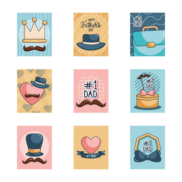 Glada fäder dag kort med mustasch ikon set — Stock vektor