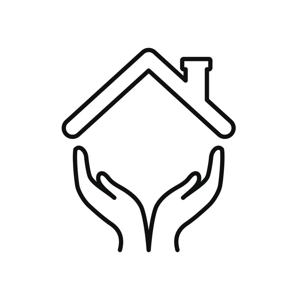 Concepto de la estancia en casa, manos y casa icono del techo, estilo de línea — Vector de stock
