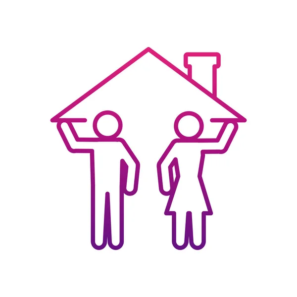Stay home concept, pictogram man and woman holding a house roof icon, gradient style — Stock Vector
