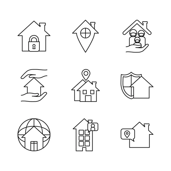 Casas y quedarse casa icono conjunto, estilo de línea — Vector de stock