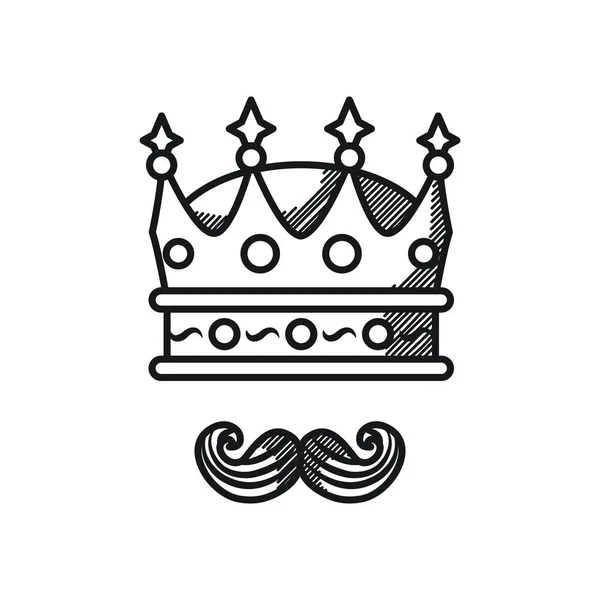 父亲节快乐的概念，王冠和胡子的象征，线条风格 — 图库矢量图片