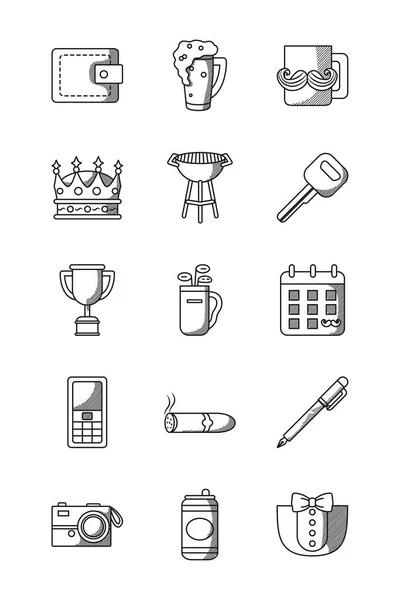 Portemonnee en Happy fathers dag pictogram set, lijn stijl — Stockvector