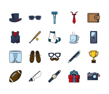 Kupa ve Mutlu Babalar Günü ikonu set, çizgi ve dolgu tarzı