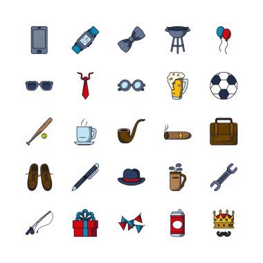 Zarif kravat ve Mutlu Babalar Günü ikon seti, çizgi ve dolgu stili