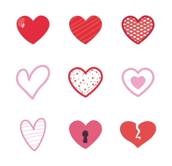 Corazones estilo plano icono conjunto vector diseño — Vector de stock