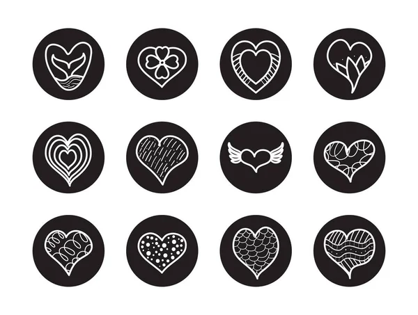 Corazón floral y corazones icono conjunto, estilo bloque de línea — Vector de stock