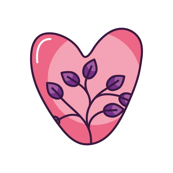 Coeur avec plante avec design de feuilles, style de couleur ligne — Image vectorielle