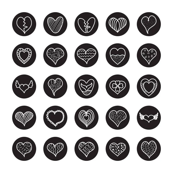 Corazón rayado y corazón icono conjunto, estilo de bloque de línea — Vector de stock