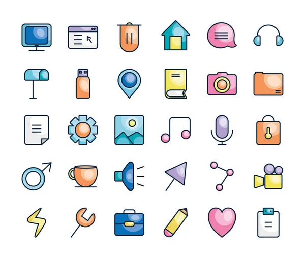 Buzón y conjunto de iconos de interfaz de usuario, estilo de color de línea — Vector de stock
