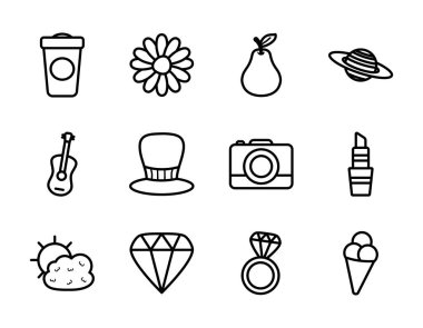 çiçek ve eşya simgesi beyaz arkaplan üzerine kurulmuş