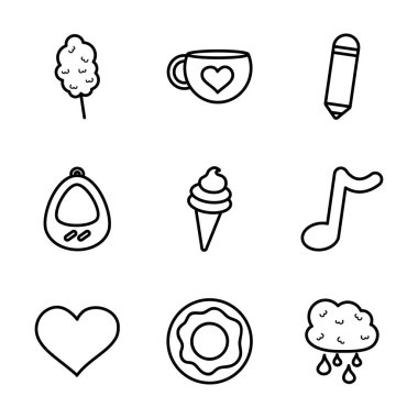 Pamuk şeker ve eşya ikonu seti, çizgi biçimi