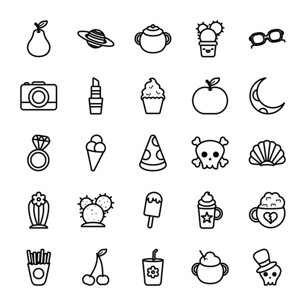 Conjunto de iconos de frutas y productos de pera, estilo de línea — Vector de stock