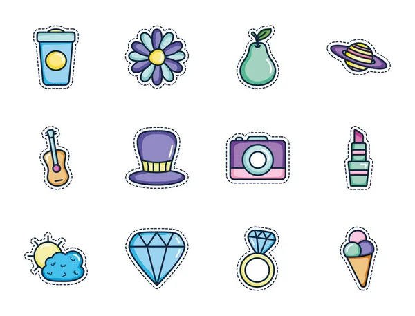 Set d'icônes fleur et patchs, style couleur ligne — Image vectorielle