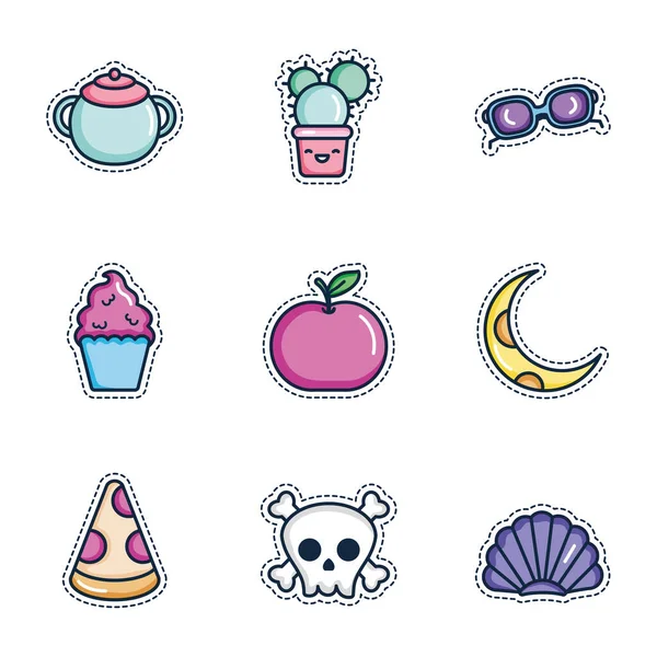 Kawaii cactus y parches icono conjunto, estilo de color de línea — Archivo Imágenes Vectoriales