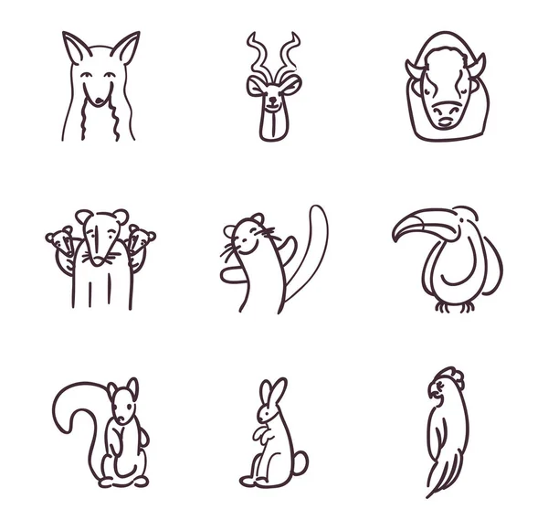 動物のラインスタイルアイコンセットベクトルデザイン — ストックベクタ