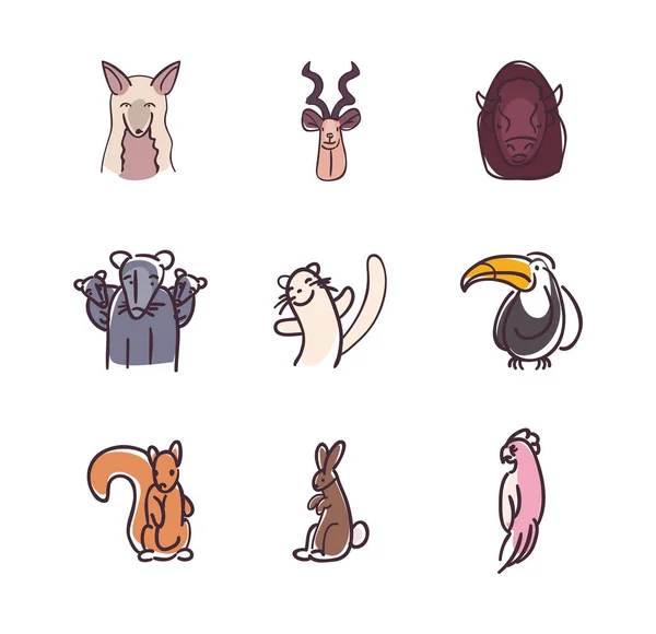 Animales estilo plano icono conjunto vector diseño — Archivo Imágenes Vectoriales