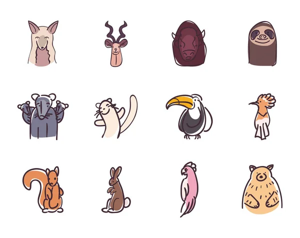 Animals flat style icon set vector design — Stock Vector