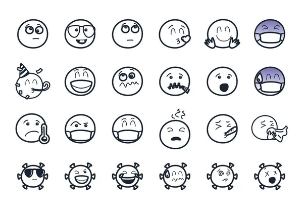 Coronavirus y emojis estilo de línea icono conjunto de diseño de vectores — Vector de stock