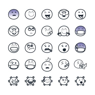 Coronavirus ve emojis satır biçimi vektör tasarımı