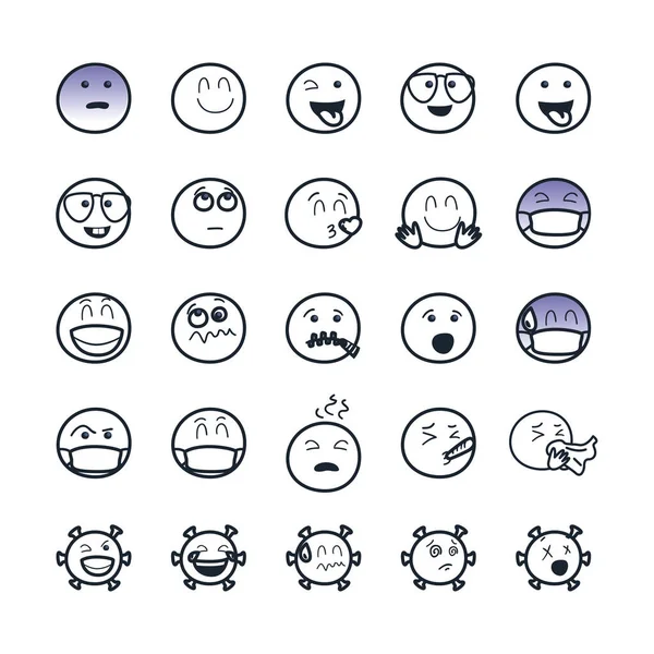 Coronavirus and emojis line style icon set vector design — Stock Vector