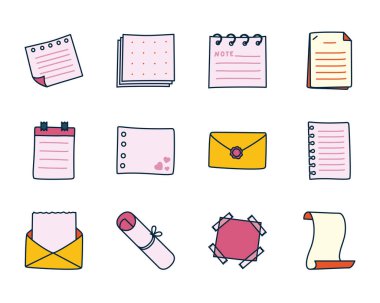 zarflar, notlar ve iletiler simgesi seti, satır ve doldurma biçimi