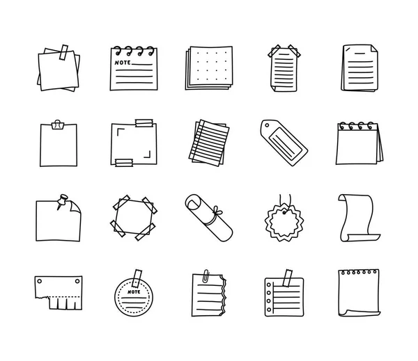 Páginas y notas de documentos, conjunto de iconos de mensajes, estilo de línea — Vector de stock