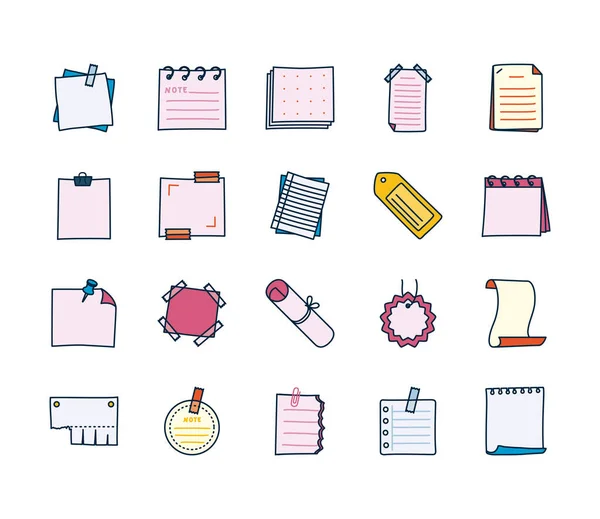 Document pages and notes, messages icon set, line and fill style — Stock Vector