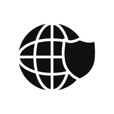 Siber güvenlik kavramı, küresel küre ve güvenlik kalkanı simgesi, siluet tarzı