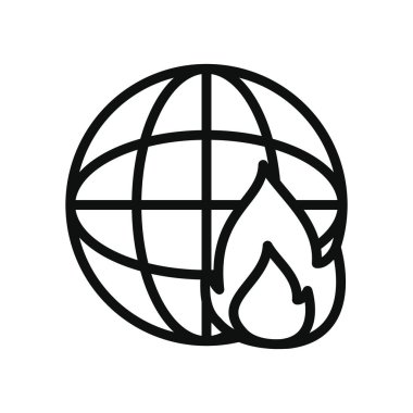 Siber güvenlik kavramı, küresel küre ve ateş simgesi, çizgi biçimi