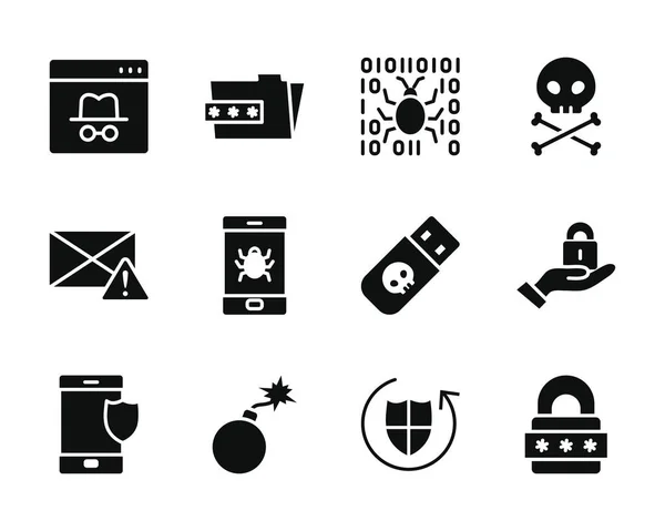 Conjunto de iconos de bomba y seguridad cibernética, estilo silueta — Vector de stock