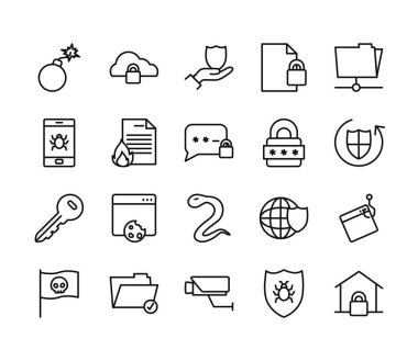 küresel küre ve siber güvenlik simgesi seti, satır biçimi