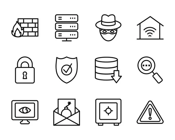 Caja fuerte y conjunto de iconos de seguridad cibernética, estilo de línea — Vector de stock