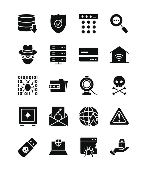Servidores de datos y conjunto de iconos de seguridad cibernética, estilo de silueta — Vector de stock