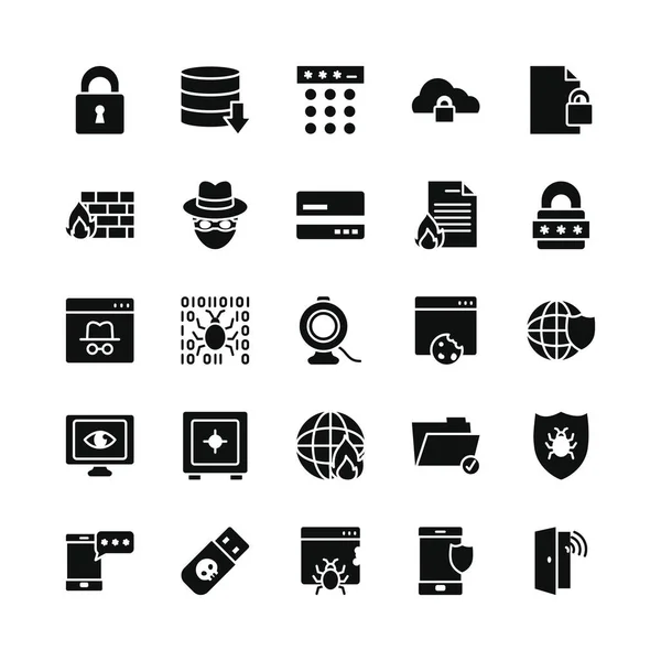 Conjunto de iconos de almacenamiento en la nube y seguridad cibernética, estilo de silueta — Vector de stock