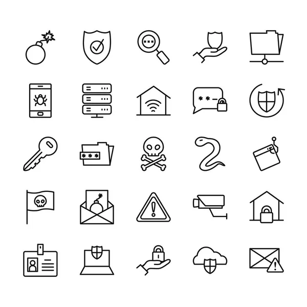 Conjunto de iconos de almacenamiento en la nube y seguridad cibernética, estilo de línea — Vector de stock