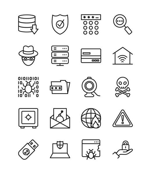 Servidores de datos e iconos de seguridad cibernética, estilo de línea — Vector de stock