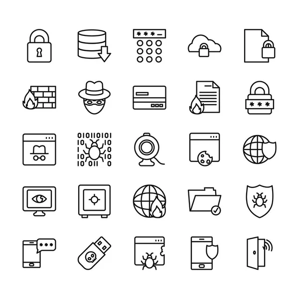 Conjunto de iconos de seguridad USB y cibernética, estilo de línea — Vector de stock