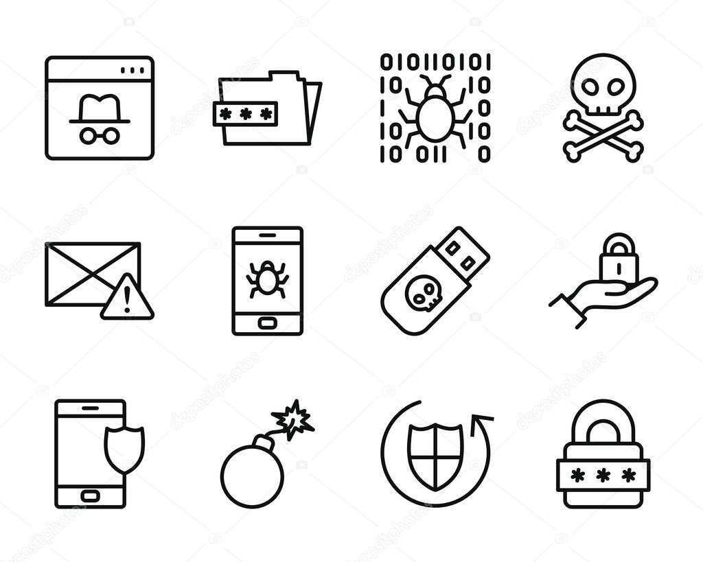 bomb and cyber security icon set, line style