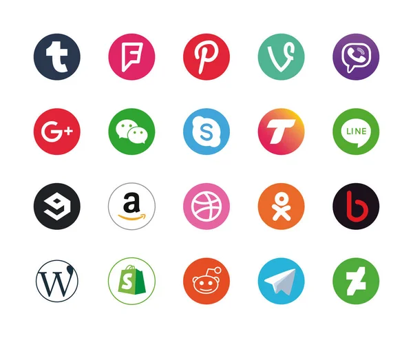 Mídia social e aplicativos design de vetor de conjunto de ícones de estilo plano — Vetor de Stock